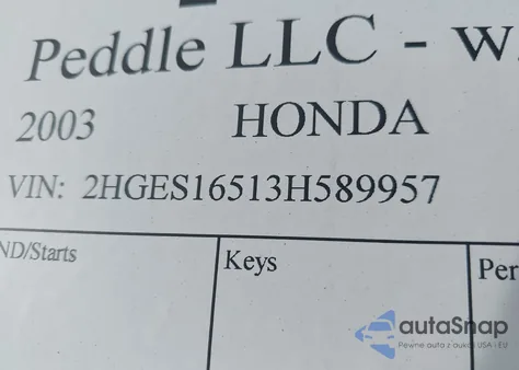 2003 Honda Civic Lx z USA, uszkodzony, nr VIN 2HGES16513H589957